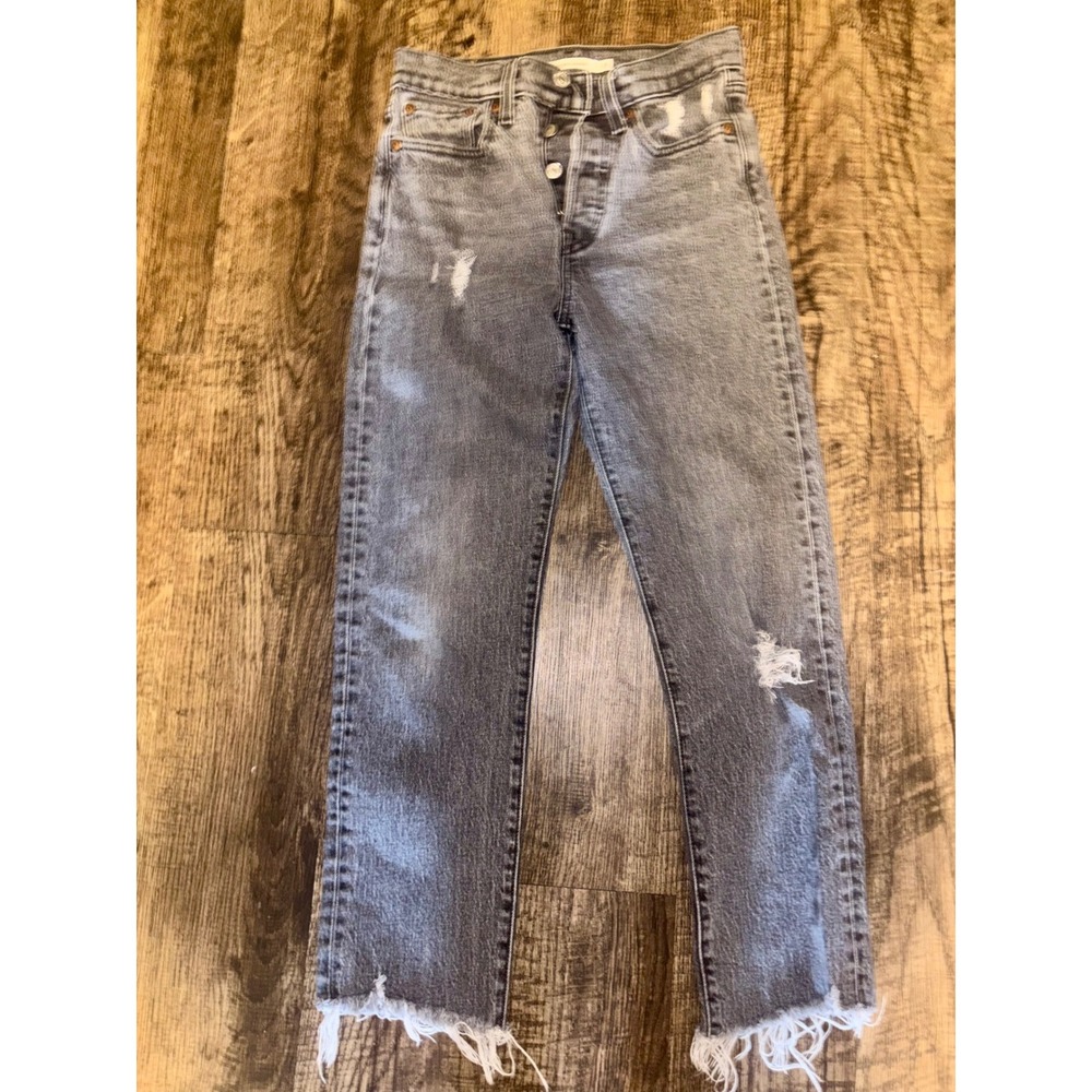 Levis Premium Wedgie Straight Grey Distressed High Rise Button Fly Jeans 24